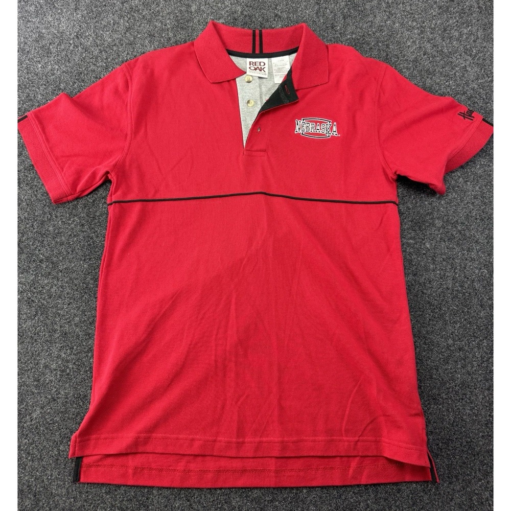 VTG Nebraska Huskers Red Oak Polo Shirt M Red Black Embroidered Logo 90s